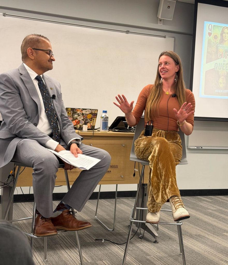 Natalie Levy in a Cash is Queen fireside chat with Dean Vijay Khatri at CU Boulder